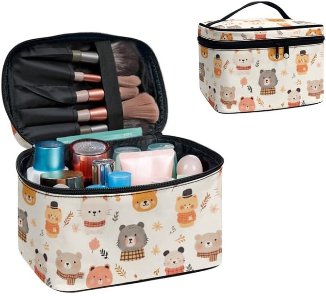 Cute Animals Cosmetic Makeup Bag Large Portable Travel Toiletry Organizer for Women, Cartoon Cats Bears Print Make up Organizer with Handle