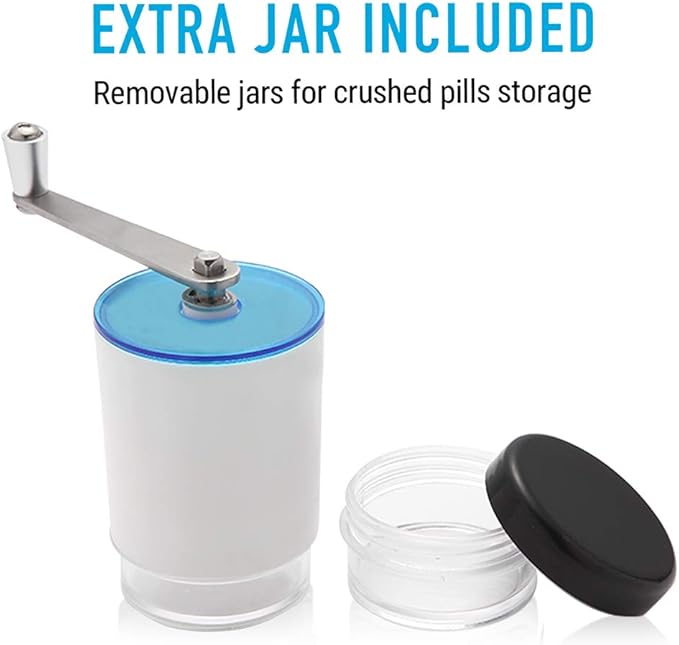 Pill Grinder Pill Crusher – Easily Crushes Multiple Tablets or Vitamins into Fine Powder at Once (Extra Jar Included) - Great Pulverizer for Feeding Tube, Kids, Pets and Arthritis