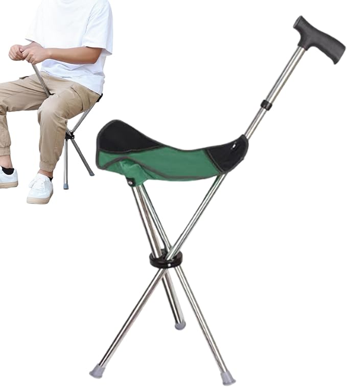 Cane with Chair - 50cm Oxford Cloth Walking Stick, Anti Slip Mobility Aid Stool, Fold Seat for Elderly Adults, Steel Frame Oxford Cloth Support | Portable Travel Hiking Camping Outdoor Convenient