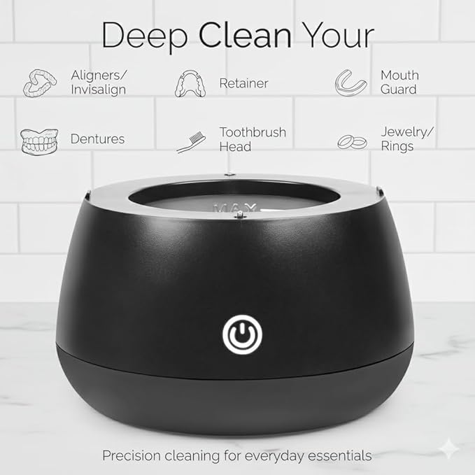 Fiona James 48kHz Ultrasonic Dental Pod Cleaner with UV – Black | Retainer, Aligner, Night Guard & Denture Cleaner | Sonic Cleaning Machine for Oral Appliances & Jewelry