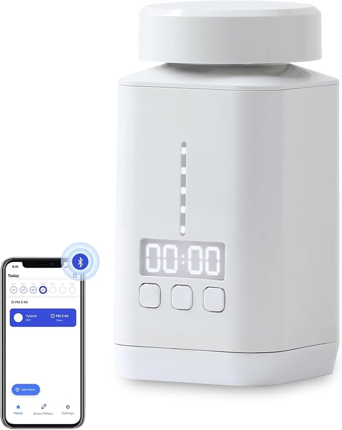 DEFI Smart Pill Bottle - Bluetooth Medication Reminder with Sound & Light Alarm, LED Time Display, Auto Dose Tracking App, 1-Year Battery, Travel Pill Organizer for Vitamins & Supplements