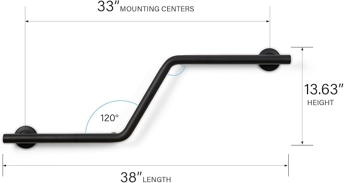 Bathroom Grab Bar, 38 inch Stainless Steel, Left Handed Zuma Bar, 1.25 inch Diameter, Handicap Grab Bar, Safety Rail, Matte Black