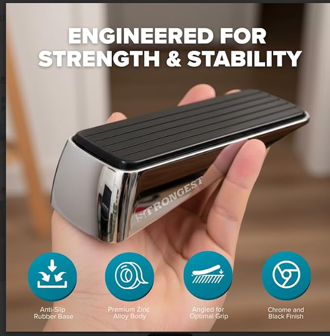 STRONGEST HOME Stoppers for Bottom of Door – Heavy Duty Metal Rubber Door Stopper, Non-Slip Door Stop for Heavy Doors, Works on Wood, Tile & Carpet Floors, Wedge Chrome 1 PC + 1 White Wall Protectors
