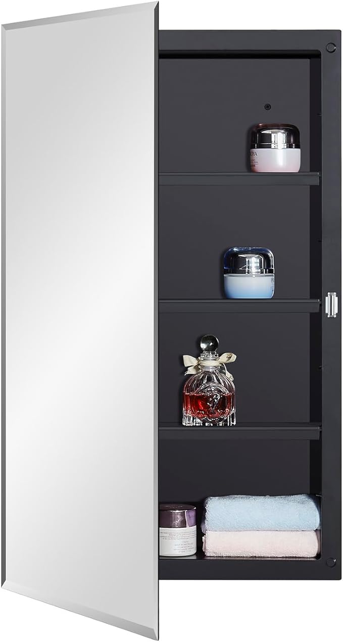 DYLLOR Black Plastic Medicine Mirror Cabinet for Bathroom with 16 x 26 inch Beveled Edge Mirror, Recessed and Surface Mount