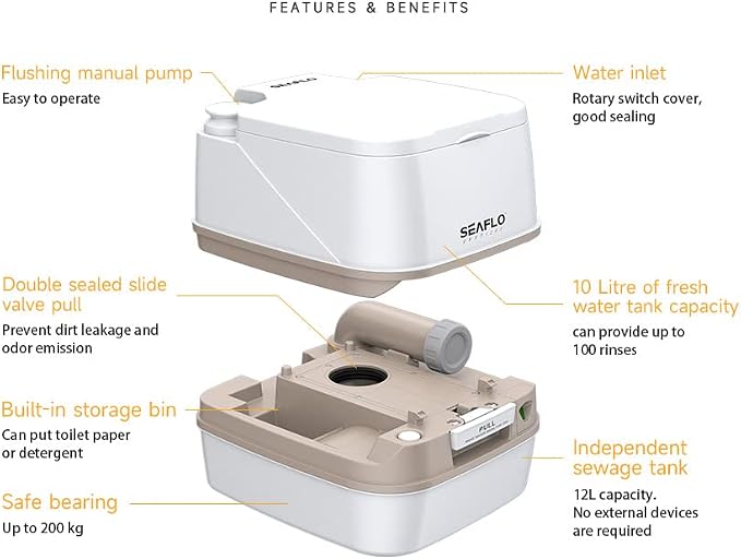 SEAFLO Premium Camping Portable Toilet - 5.8 Gallon Waste 3.43 Gall Fresh Tank (100 Flushes), 440 lbs Max Weight, Level Indicator, Sealed Waste Tank for RV, Boat, Elderly, Off-Grid, 4-Year Warranty