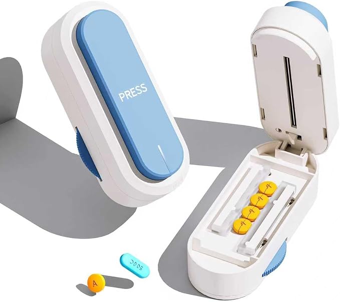 Pill Cutter Splitter for Small and Tiny Larger Pills. |ONE Button Easy Push Accurately Cuts Multiple Pills at Once. Sharp Blade with Safety Guard. Non-Slip Silicone Edge (Blue)