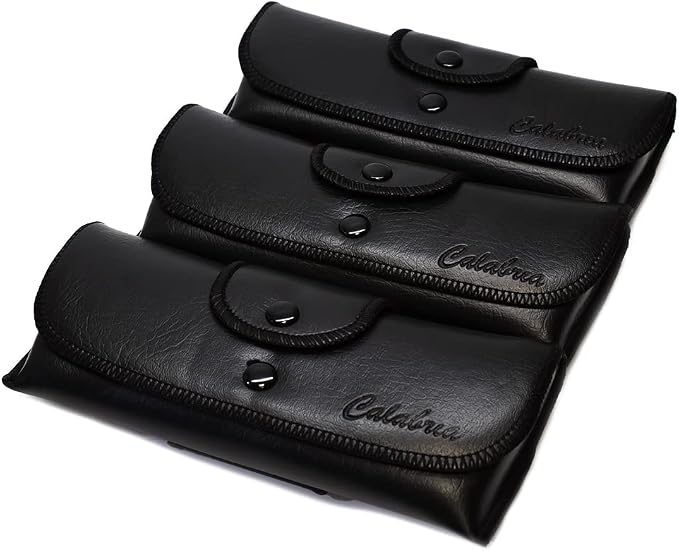 Calabria Double Snap Belt Loop Eyeglass Case PU Leather Black 3Pack Old School Eye Glasses Pouch Semi-Hard Sunglass Holder