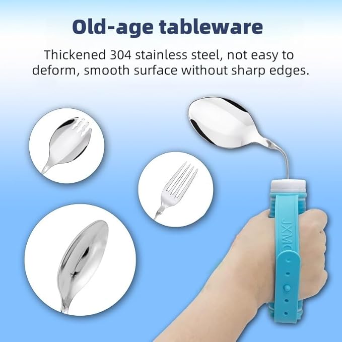Tremors Elderly Assistance Products,Spoon and Fork Three Piece Set,Handicap Accessories for Daily Living,Adaptive Equipment with Blue Handle Belt,Aids for Living,Eating Utensils Sets.