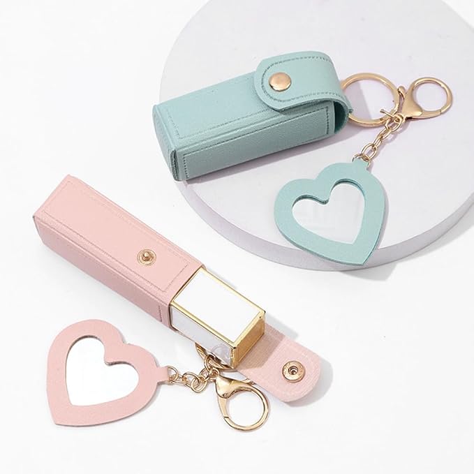 Arvintas 4 PACK PU Leather Potable Chapstick Holder Key Chain Bulk with Mirror, Lipstick Keychain, Lip Balm Organizer Holder Lipstick Travel Makeup Storage Case for Women Girls (Style 1)