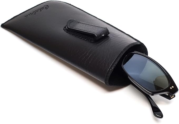 Calabria Slim Faux Leather Eyeglass Case Soft Slip-In Design [Black with Clip - 1 Pack] | Compact Protective Pouch | Soft Case for Glasses | Lightweight Sunglass Storage