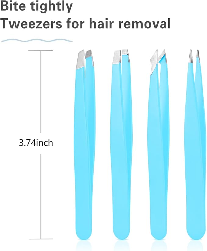 Derlaier Tweezers Set Professional High Precision Stainless Steel Eyebrow Remover Ingrown Hair & Splinter Removal Kit Facial Hair Grooming Tools for Men Women Blue 4 Pcs