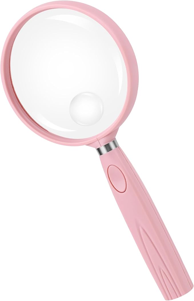 Feosky Handheld Reading Magnifier, 10X Magnifier, 75mm Shatterproof Lens, Non-Slip Handle for Adults Close Work, Seniors Reading and Nature Exploration, Hobby Observation(Pink)
