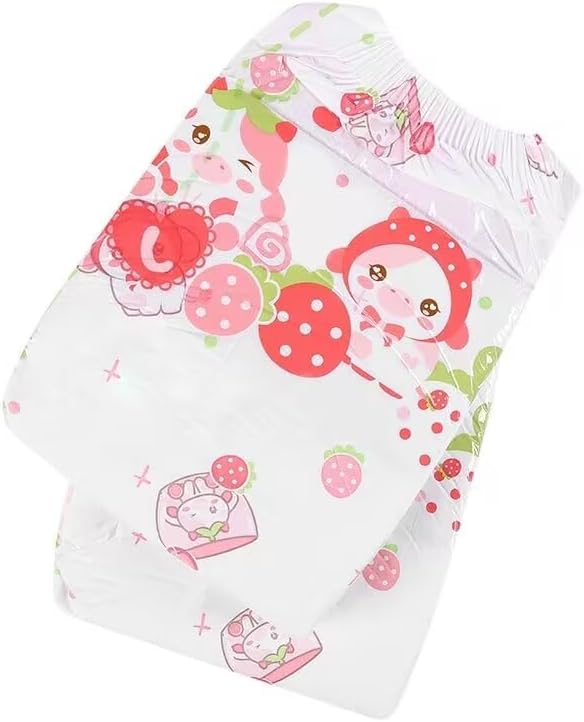 Landofgenie Adult Diapers Large Overnight Printed Diaper with Tabs 10 Pieces - Strawberry Cow (Large 36"-46") | 5000 mL Absorbency, Side Leak-Proof Barriers, Elastic Cuffs & Waistband, Adjustable Tabs