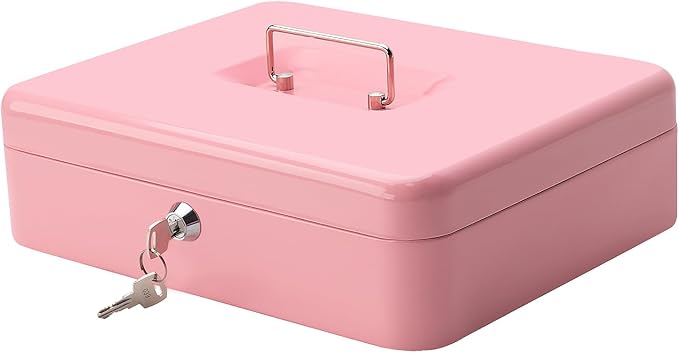 Jssmst Large Cash Box with Key Lock - Durable Metal Cash Box with Money Tray, 11.81 x 9.84 x 3.46 inches (X-Large, Pink)