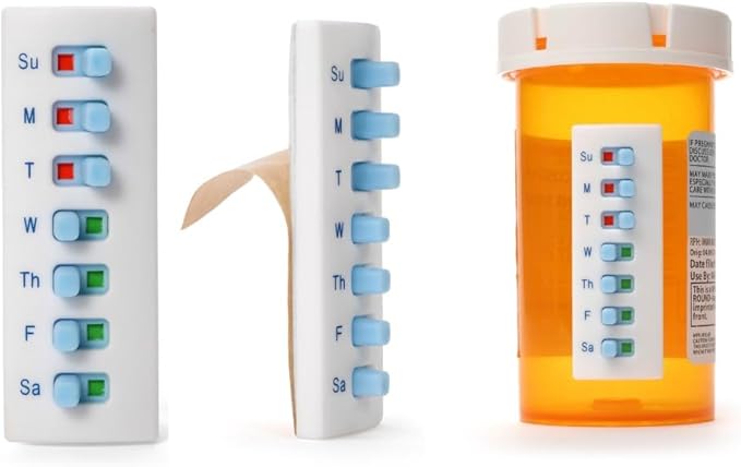 Peel and Stick Reusable for 12 + Refills, Pill/Medication/Vitamin/Pet Med Tracker & Reminder, Attach to Your Bottle, Organizer-Free, Curved‑Back, White & Blue (2-Pack, 1 Each)