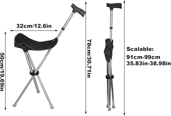 Cane with Chair - 50cm Oxford Cloth Walking Stick, Anti Slip Mobility Aid Stool, Fold Seat for Elderly Adults, Steel Frame Oxford Cloth Support | Portable Travel Hiking Camping Outdoor Convenient
