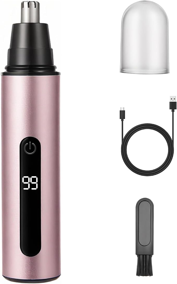 Nose Hair Trimmer for Men and Women,USB Rechargeable Eyebrow & Facial Hair Remover with LED Display,Aluminum Alloy Shell with IPX7 Waterproof,Dual Edge Blades for Easy Cleaning (Pink Gold)