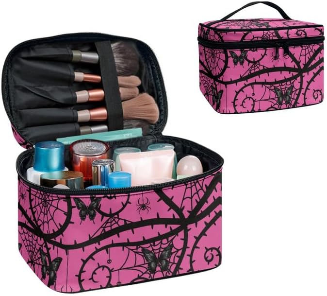 Spider Web Butterfly Make Up Bag Travel Cosmetic for Women, Gothic Black Thorn Large Makeup Accessories Organizer Essentials Toiletry Bags, Pink