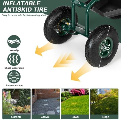 VINGLI Garden Cart with Rolling Seat, Wheels, Steering Handle & Utility Tool Tray, Planting Wagon Scooter, Gardening Tool for Senior, for Patio, Backyard, Lawn & Outdoor (Dark Green)
