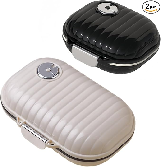 Personal Pill Organizer 2PACK- Medicine Pill Case with Medicine Tracker, Waterproof Pill Box, 7 Compartments, Foldable Design (Black& White A)