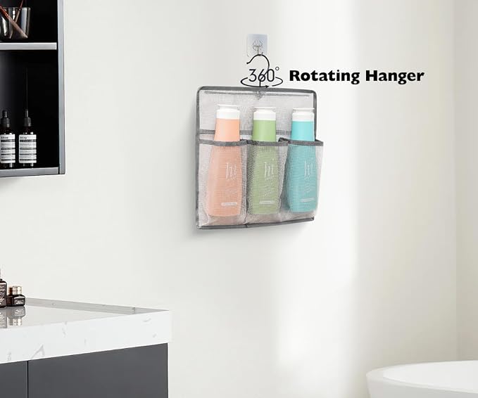 ALYER Mesh Shower Organizer, Shower Caddy with Rotating Detachable Metal Hanger, Quick Dry Bathroom Storage for Toiletry Accessories, Portable Shower Bag for RV, Dorm, Gym and Travel, Gray