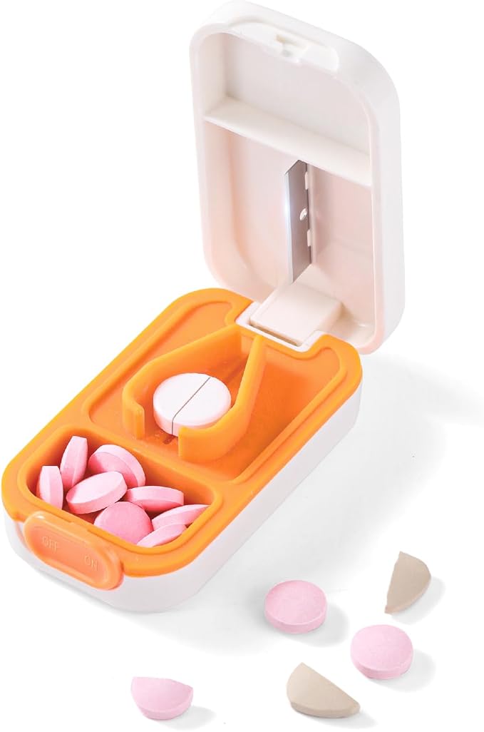 Portable Pill Cutter for Small & Large Pills - Precise Pill Splitter for Tiny Tablets, Vitamins & Capsules - Compact Design for Purse, Pocket & Travel - Sharp Blade & Easy Clean (Orange)