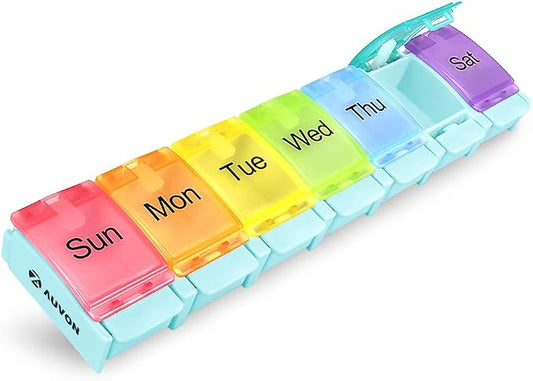 AUVON Weekly Pill Organizer Arthritis Friendly, BPA Free Travel 7 Day Pill Box Case with Spring Open Design and Large Compartment to Hold Vitamins, Cod Liver Oil, Supplements and Medication