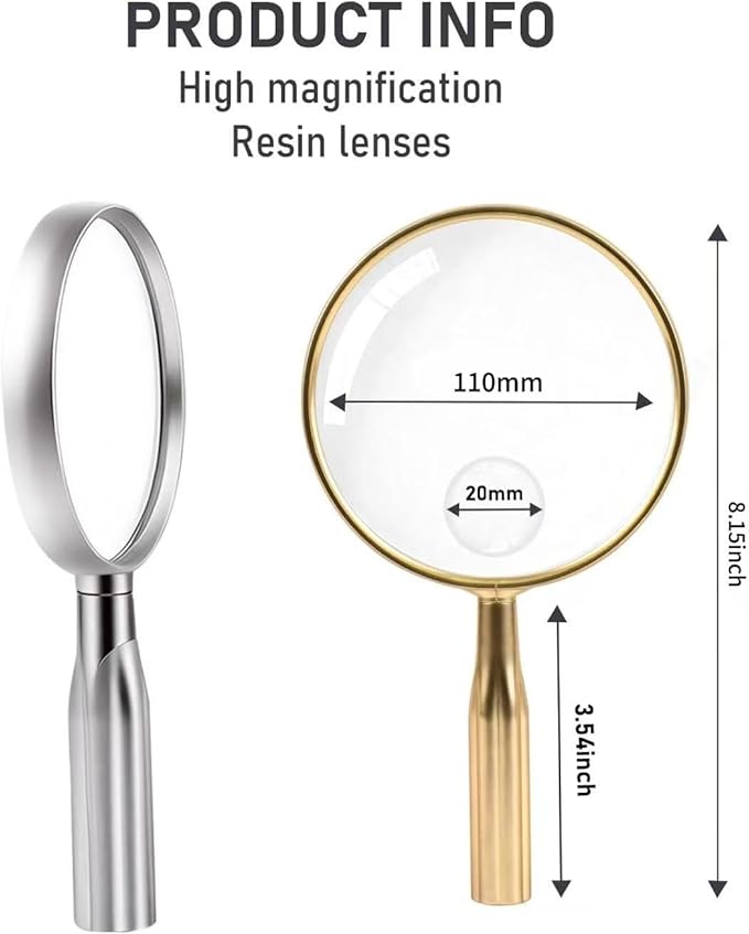 Lakei Magnifying Glass,10X Handheld Reading Magnifying Glass，110mm Shatter Resistant Lens, Non-Slip Handle, Suitable for Elderly Reading, Adults Close Work, Hobbies and Science (Gold)
