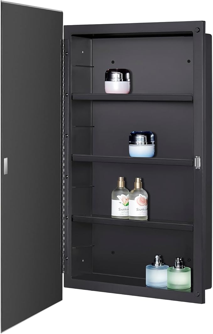 Black Plastic Medicine Mirror Cabinet for Bathroom with 16 x 28 inch Beveled Edge Mirror, Recessed and Surface Mount