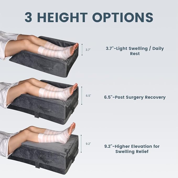 3-Height Adjustable Wide Leg Elevation Pillows for After Surgery or Sleeping, Memory Foam Support for Both Legs, Knee & Ankle Wedge for Swelling & Circulation, Removable Washable Velvet Cover