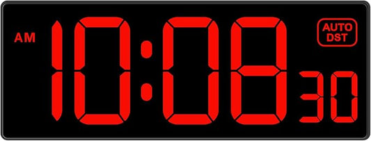 Soobest LED Digital Wall Clock, Large Digital Clock Bold Numbers with Seconds for Seniors Visually Impaired，Plug Electric Clock Dimmable Auto DST Large Display 10 Inches (Red)