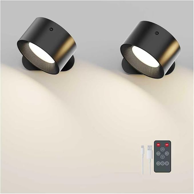 2PACK Romote LED Wall Sconce - Rechargeable Wall Light, 3 Colors & 3 Brightness Levels, 360° Magnetic Rotating Head, Bedside Reading Lamp, Easy Install Battery Operated Wall Lamp Black