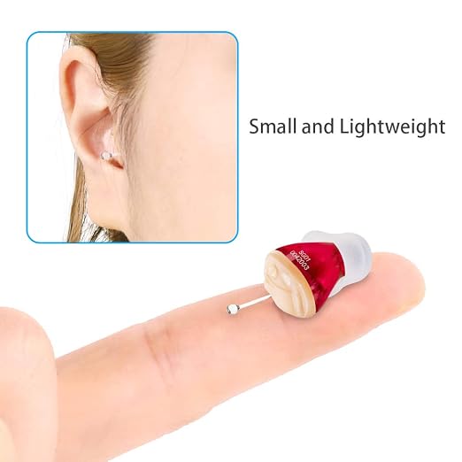 Mini Hearing Aids for Seniors, Battery Operated Hearing Amplifier | ITC Single Ear Hearing Device for Mild to Moderate Hearing Loss (Red, Right)