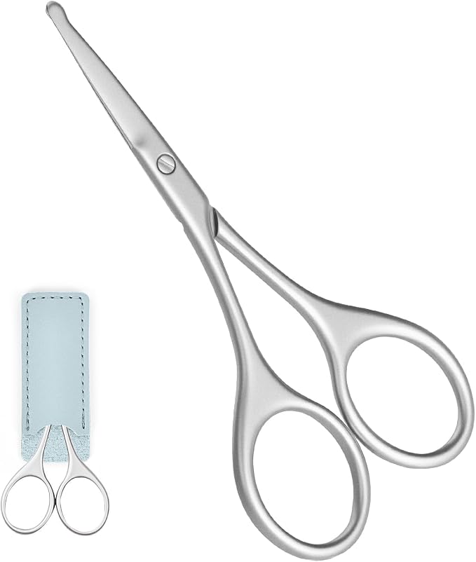 Nose Hair Scissors Safety Round Tip - Stainless Steel Facial Trimmer for Men & Women, Small Grooming Shears for Eyebrow Beard Mustache Ear - with Leather Travel Pouch (Silver)