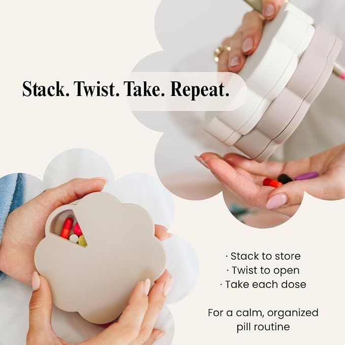 Dosey Twist+Stack Pill Organizer, Weekly & Daily Medicine Organizer Case, Portable Travel Pill Box, Compact Vitamin & Medication Storage Solution, Latte