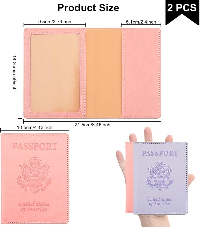 Passport Holder, Passport Cover, Passport Holder for Women, 2 Pack Passport Wallet, Leather Passport Case, Passport Protector Essentials Women Men Family Travel Must Haves, Light Purple+Pink