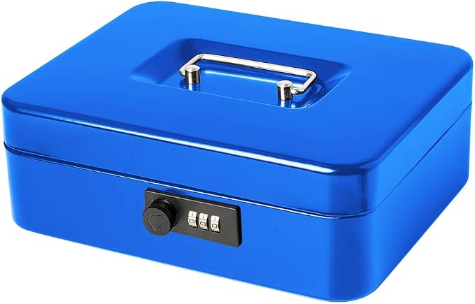 Jssmst Large Cash Box with Combination Lock – Durable Metal Cash Box with Money Tray Blue(9.8 x 7.9 x 3.5), SM-CB07002L