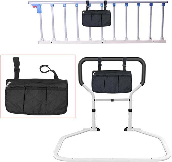 Bed Rails Bag with Cup Holder Phone Pouch 4 Pocket Storage Organizer Bag for Elderly Adults Safety Bed Assist Rail Medical Bed Support Bar Mobility Assistant Handle Bars Under Mattressbed Cane