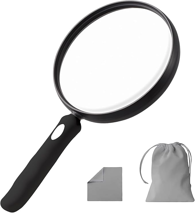 10X Large Magnifying Glass for Reading, Upgraded Handheld Magnifier with 5.12inch Anti-Glare Lens, Non-Slip Handle for Close Work, Seniors Reading, Kids Nature Exploration, Hobby Observation