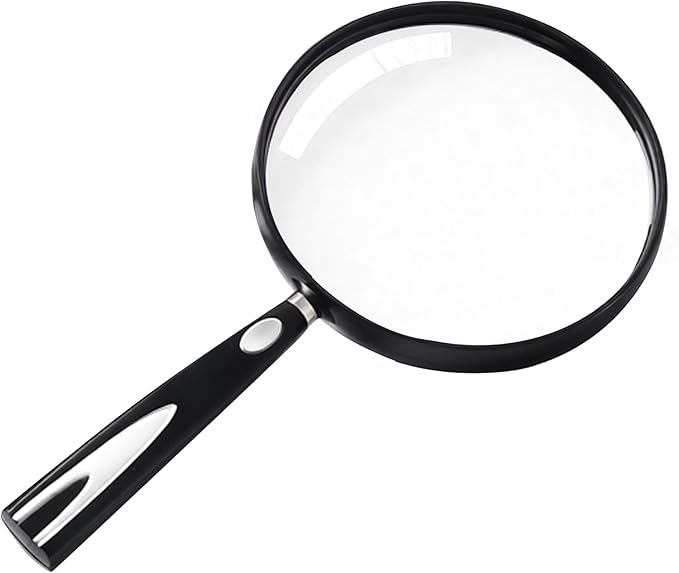 Feosky Handheld Reading Magnifier, 10X Magnifier, 130mm Shatterproof Lens, Non-Slip Handle for Adults Close Work, Seniors Reading and Nature Exploration, Hobby Observation(Silver/Black)