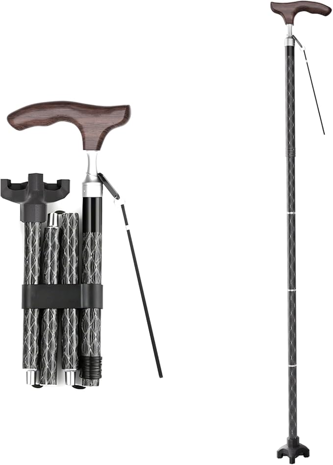 Aluminum Alloy Walking Cane, Height Adjustment and Foldable, Wooden Ergonomic Contoured Grip, All-Terrain Walking Stick for Men/Women(JM103-5-Y)
