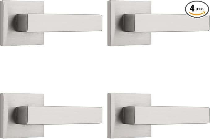 KNOBWELL 4 Pack Satin Nickel Interior Door Handles, Suqare Modern Dummy Door Knobs Inactive Door Levers for Pantry/Closet/Hallway(One Side)