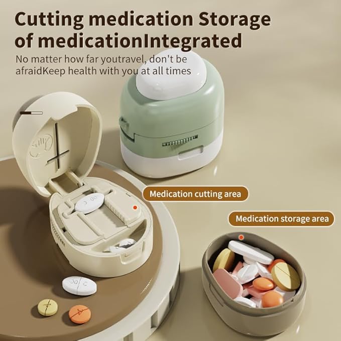 Safe Pill Cutter for Seniors – Easy-Press Vertical Tablet Splitter, Adjustable Pill Holder for All Shapes, Hidden Blade Design, Food-Grade Material & Storage Box – Precise 1/2 & 1/4 Medication Cutting