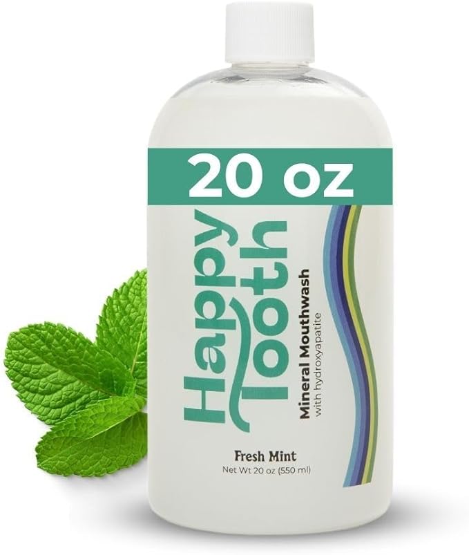 Happy Tooth Hydroxyapatite Mouthwash, Fluoride Free, Teeth Whitening, Remineralizing for Enamel Strength, Fresh Breath, Oral Microbiome Support, Dentist Formulated, Gentle Care, Fresh Mint, 20 Fl Oz