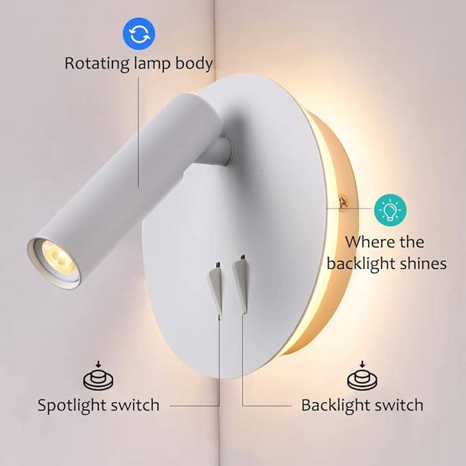 ZEROUNO Bedroom Wall Lamp with Switch Reading Light Hardwired Sconces Which Angle Adjustable for Bed-Side Interior Design (White)