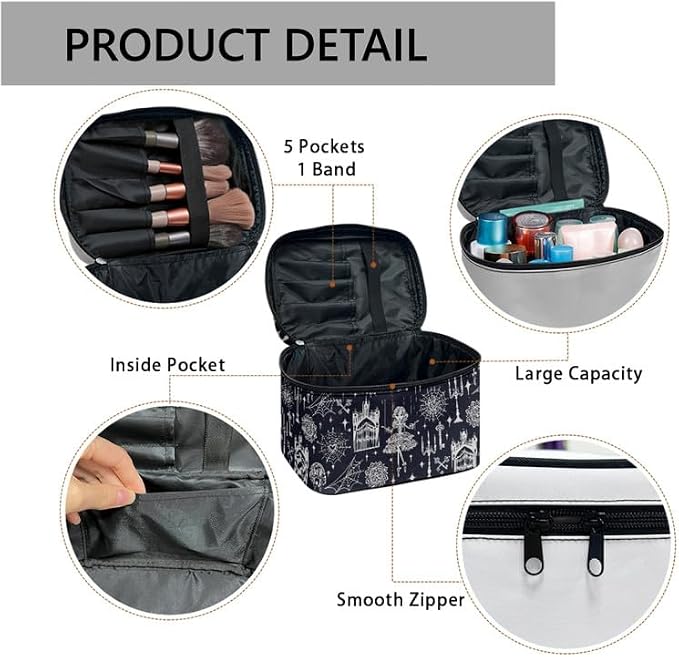 Witchy Girl Print Makeup Bag Cosmetic Organizer for Women, Gothic Night Castle Printed Make Up Bag Toiletry Accessories Case Travel-Size