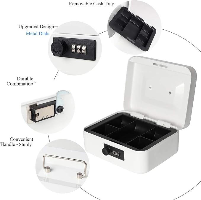 Jssmst Medium Cash Box with Combination Lock - Durable Metal Cash Box with Money Tray White,7.87 x 6.3 x 3.35 inches, SM-CB07005M