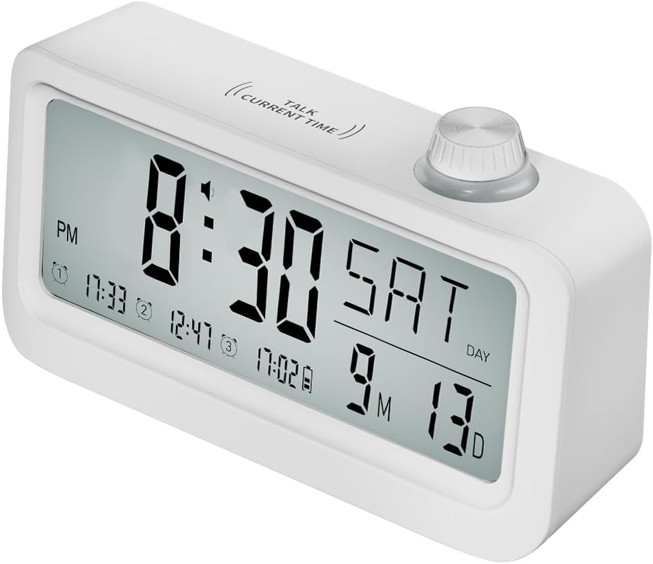 Medication Pill Reminder, Rechargeable Talking Alarm Clock with 3 Custom Voice Recording Alarms, Touch-to-Talk, a Digital Alarm Clocks Gift for Mom/Dad/Seniors/Elderly(White)