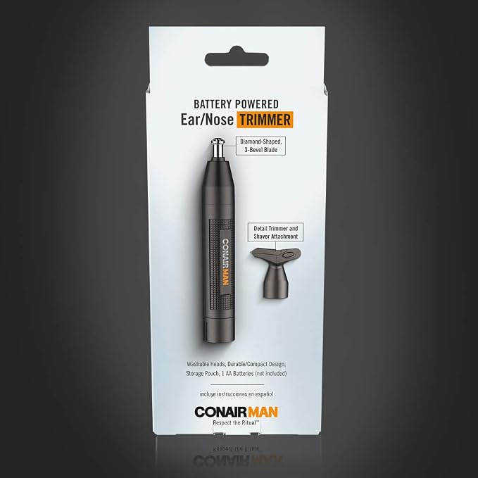 ConairMan Nose Hair Trimmer for Men, For Nose, Ear, and Eyebrows, Patent 360 Bevel Blade for No Pull, No Snag Trimming Experience, Cordless Trimmer 2 piece Set with Detail and Shaver Attachments