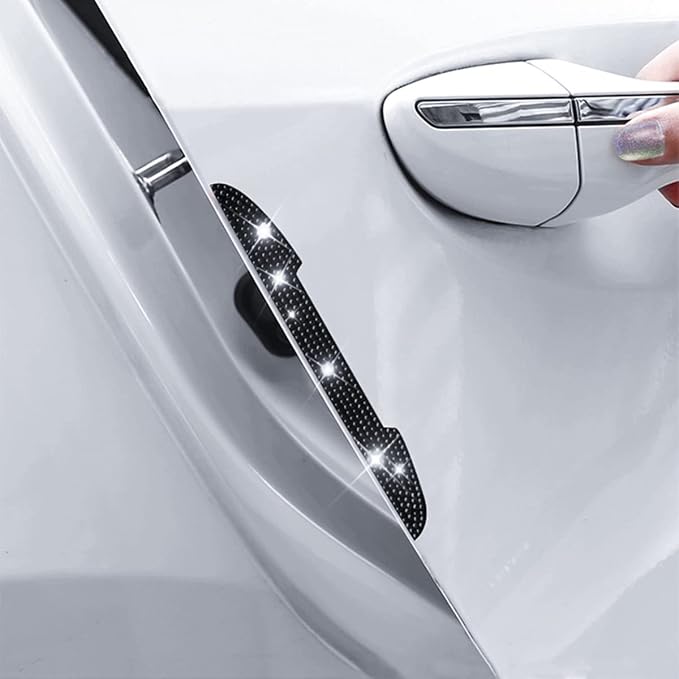 4PCS Bling Car Door Handle Scratch Protector, Black | 5.75x0.39 Inch, Universal fit, side panels/mirror edges, stainless steel, rhinestones, adhesive backing, exterior accessories